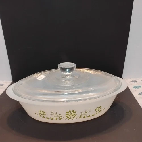 Vintage Glasbake Casserole Dish J235 1 QT Green Daisy Milk Glass Oval With Lid