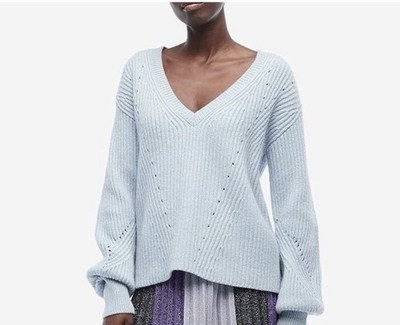 Derek Lam 10 Crosby Wool Cashmere Sweater S Metallic Thread Blue Ribbed V-Neck