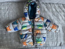 Next Baby Puffer Jacket Hooded Animal Print Grey 3-6 Months Zip Fleece Lined