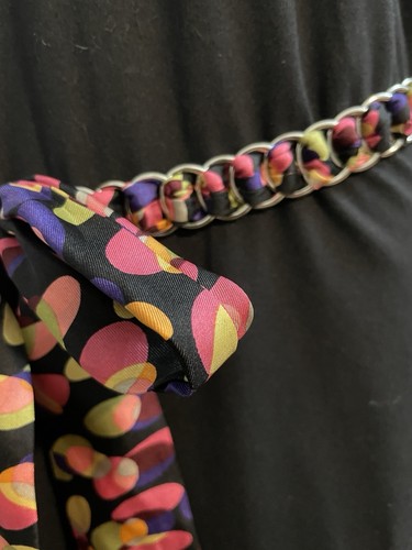Printed Scarf Belt Interwoven in Silver Chain Links Silky Boho Bow Tie - Picture 2 of 3