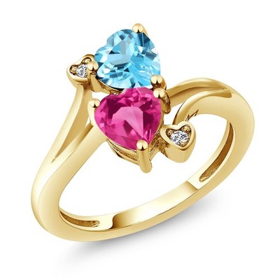 18K Yellow Gold Plated Silver Swiss Blue Topaz Pink Created Sapphire and White
