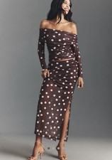Anthropologie Maeve Fitted Ruched Mesh Maxi Skirt Brown Dot NWT XL