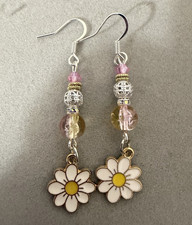 Daisy Flower Dangle/Drop Hook Earrings Silver Tone Beaded Enamel Clear Crystal