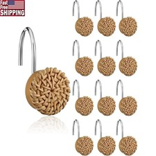 Boho Shower Curtain Hooks Natural Rattan Metal Decorative Rings 12pcs Heavy Duty