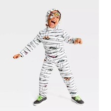 Mummy Halloween Costume 12/14 White Hooded Jumpsuit Unisex Blacklight Responsive