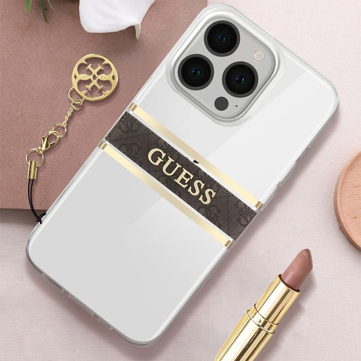 Coque iPhone 13 Pro Guess Stripe Charm Marron en cuir synthétique - 3