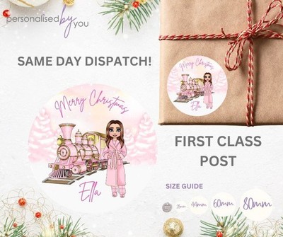 Personalisierte Weihnachtsaufkleber runde Etiketten PINK Mädchen Make-up Motiv BRAUNE HAARE