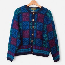 Vintage Equorian Cardigan Women's medium Blue Purple Mohair Knitted Boho Cosy