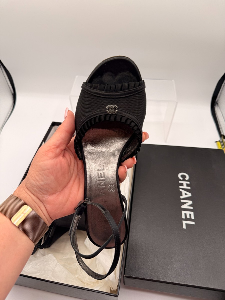 Chanel CC Logo Ruffle Slingback Heels Black Pump FULL SET Box Dust