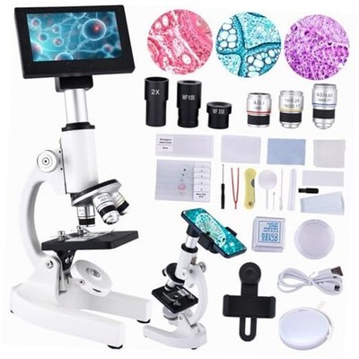 Microscope 40X-2500X Magnification with 4.3-Inch Display Wide-Angle 10X White