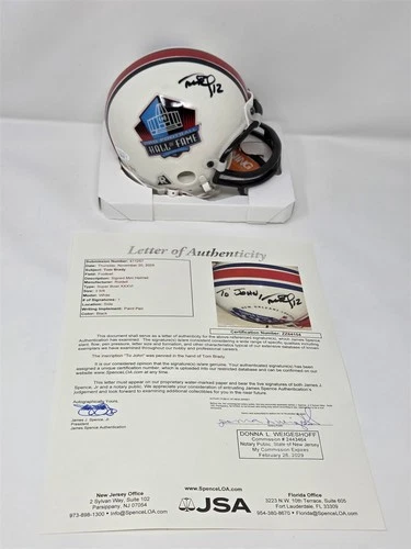 TOM BRADY signed HALL OF FAME mini helmet JSA COA Full Letter LOA PATRIOTS
