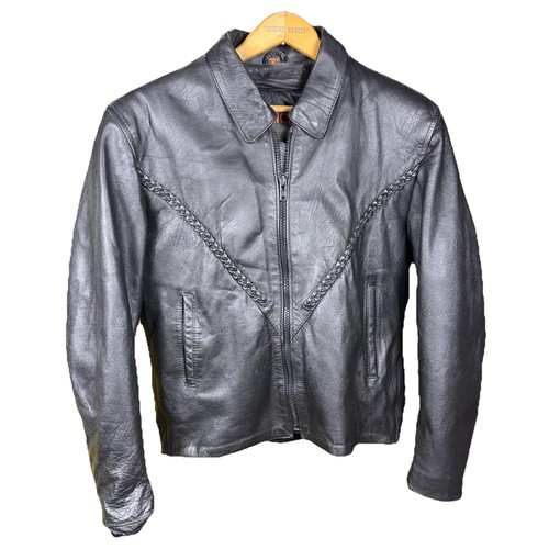 90s Mid-Town Cycles NY Black Leather Bomber Motorcycle Jacket XL