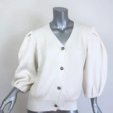 G. Label by goop Hill Puff Sleeve Cardigan Cream Ribbed Cotton Size Medium
