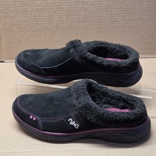 Ryka Mules Women Size 9 Black Excellent Suede Faux Fur Lined Slip On Clogs