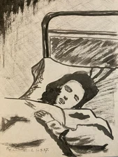 Very Beautiful Gouache Painting Paper Woman Bed Expressionism To Identify 1957