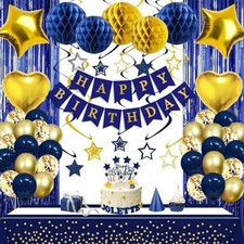 Navy Blue Gold Birthday Party Decorations Supplies Happy Birthday Banner Hone...