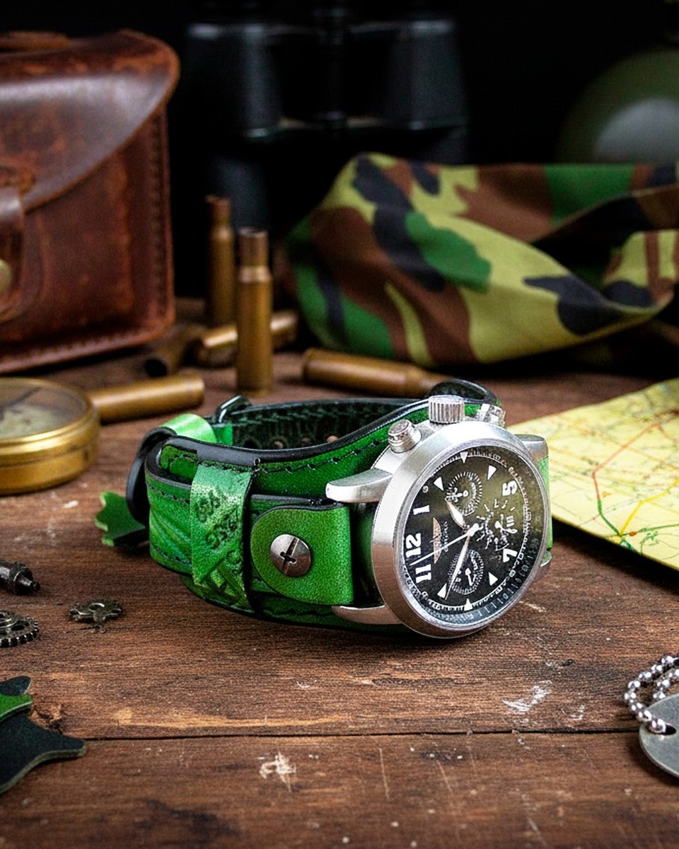Leather Watch Cuff in Green Tie-Dye with Gold Hardware. Large adapters. Green Crocodile Leather Watch Strap | VGreen main image 3