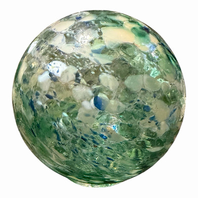 hand-blown green art glass decorative float stamped with the Chinook Resort