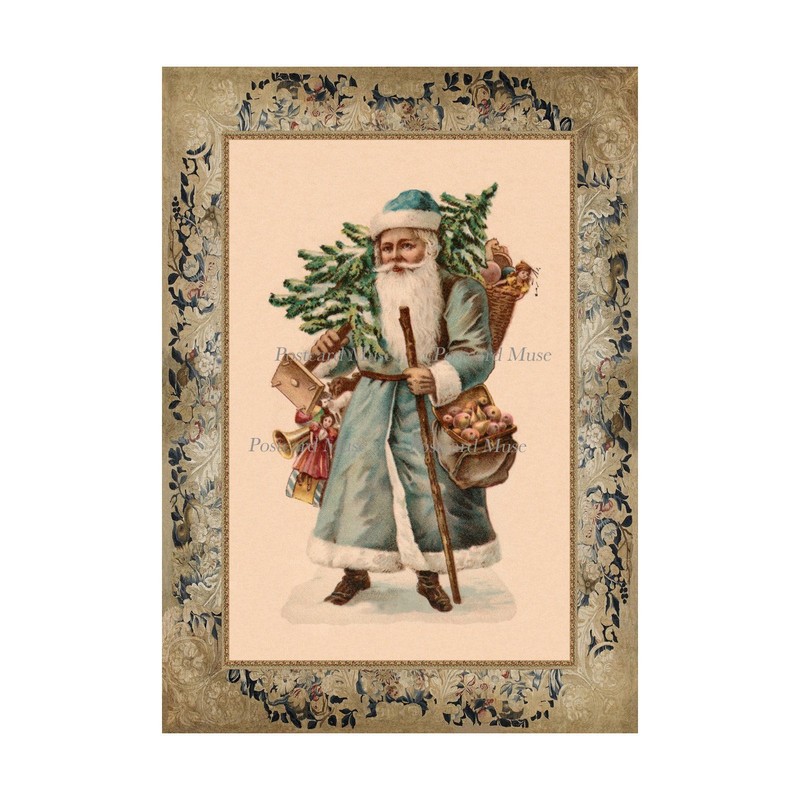 Blue Robe Santa With A Christmas Tree Cotton Fabric Quilt Block Sewing Applique