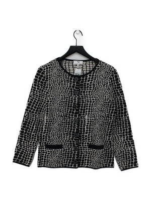Peter Hahn Damen Strickjacke M schwarz kariert 100% Wolle Rundhals Cardigan
