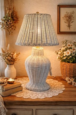 Vintage White Wicker Table Lamp Boho Cottage Coastal Rattan Basket Weave Beach 