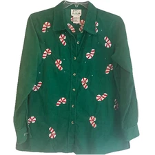 QUACKER FACTORY Button Front Shirt L Embroidered. Green W/candy Canes