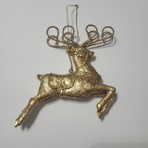 Gold Leaping Reindeer Christmas Ornament Painted Metal Bent Front Legs 5" - Picture 3 of 7