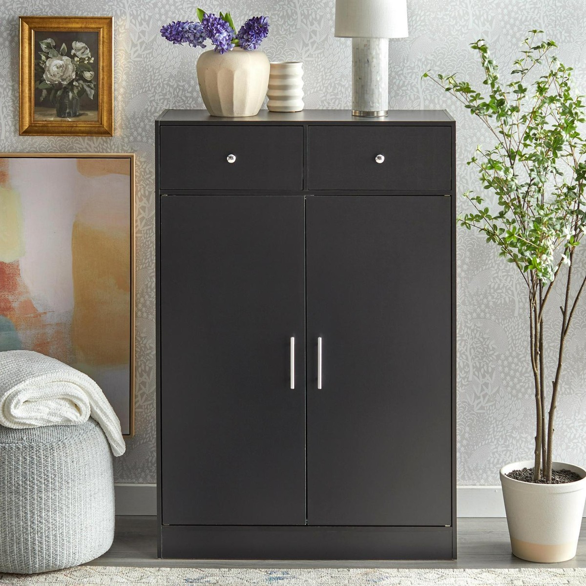 Shoe Cabinet Black Finish Holds 20 Pair Shoes with Drawers for