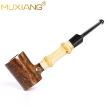 Handmade Poker Pipe Briar Wooden Tobacco Pipe Straight Bamboo Stem Smoking Pipe 