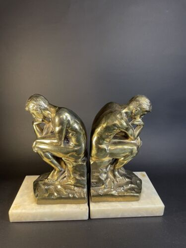 Vintage 1928 THE THINKER Metal Brass Bronze Finish Bookends On Marble-loose - Foto 1 di 24
