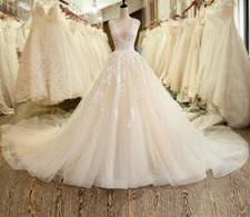 Elegant Wedding Dresses V-Neck Pleats Backless Crystal Lace Applique Bridal Gown