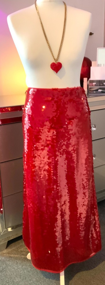 M&S Red Sequin Midaxi Pencil Skirt Size Back Split Iridescent