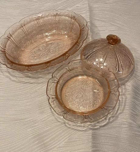 Jeannette Cherry Blossom Pink Depression Glass Set With Platter & Candy Dish