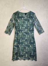 Guess Women Dress 16 Green 100%Polyester Floral Lace 3/4Sleeve Sheath KneeLength
