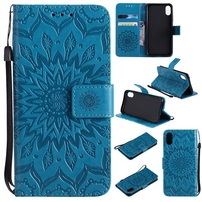 Embossed Magnetic Flip Wallet PU Holder Strap Case For iPhone 11 X Android Phone