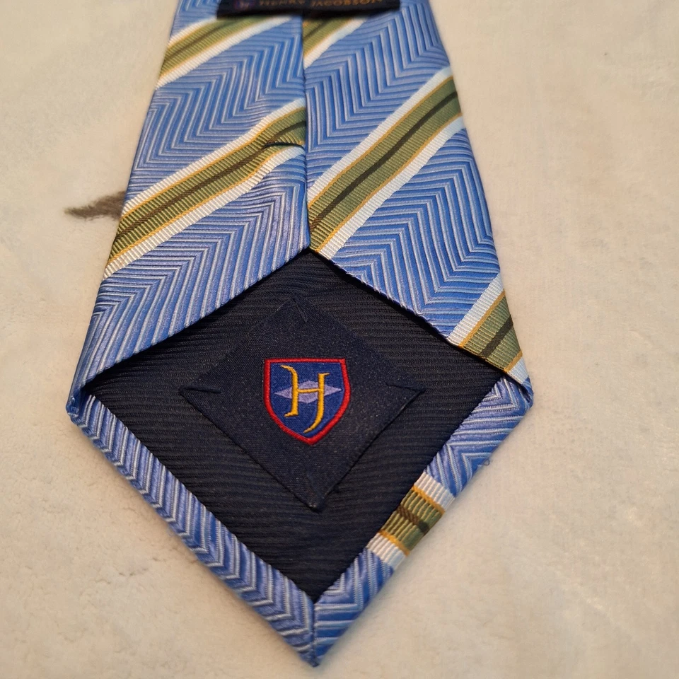 Henry Jacobson Men's Neck Tie Blue And Green Striped 100% Silk Handmade - Image 3 of 4