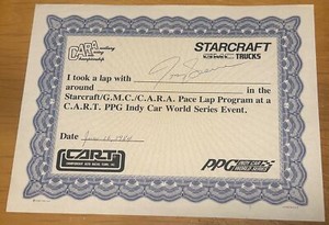 1984 I TOOK A LAP WITH TOM SNEVA SIGNED CERTIFICATE INDY 500 WINNER CART PPG