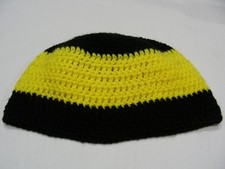 BLACK  YELLOW - HAND KNITTED - ONE SIZE STOCKING CAP BEANIE HAT 