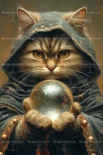 WITCH CAT THE CRYSTAL BALL ART PRINT, Decor Gothic Poster, Magical Kitty D045