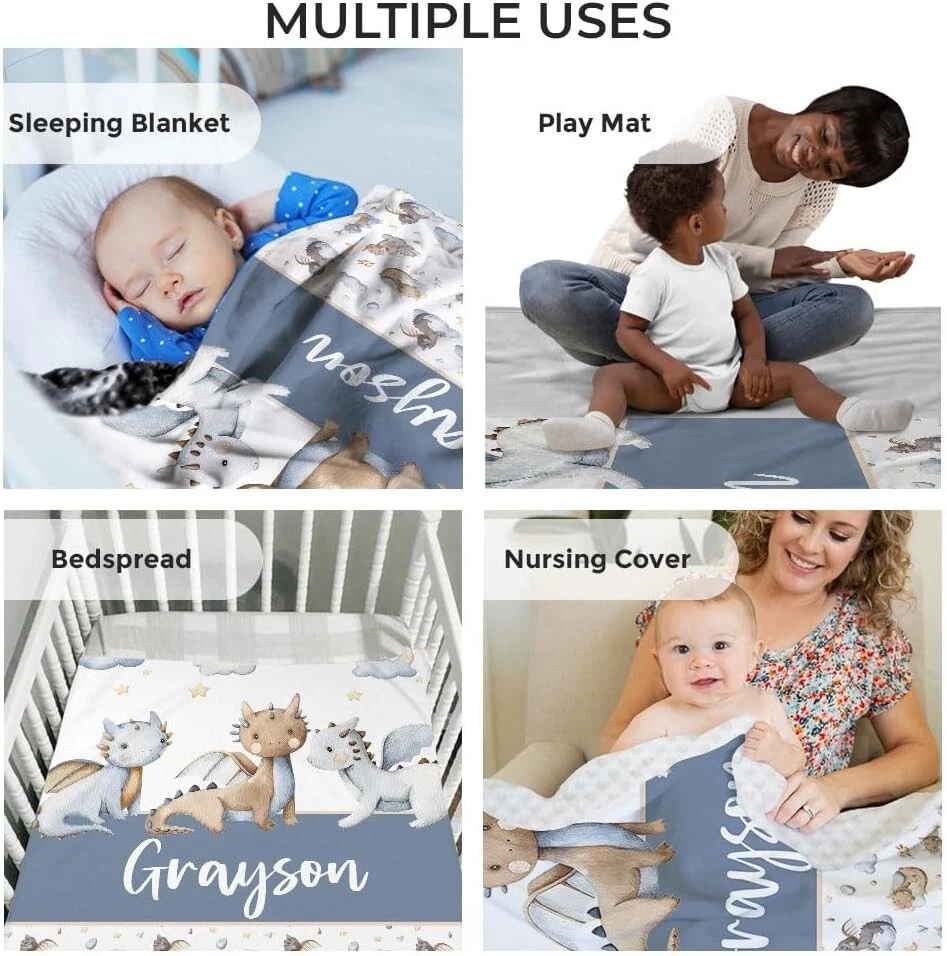 Mantas de bebé dragón personalizadas con respaldo punteado de doble capa para niños Foto 3 de 3