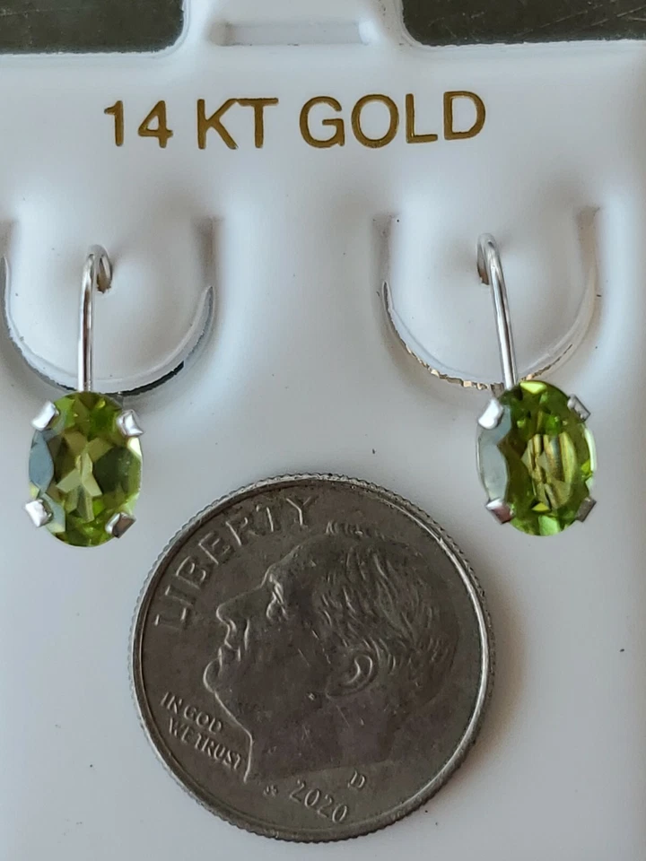 Peridot Labcreated Oval Cut Dangle Leverback Earrings 14kt Solid White Gold - Image 4 of 4