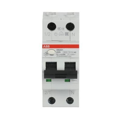 Differential-overcurrent switch 1P+N char. C 25A 6kA 30mA AC immediate DS201 C25