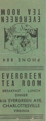 BOBTAIL MATCHBOOK COVER - EVERGREEN TEA ROOM - CHARLOTTESVILLE VIRGINIA