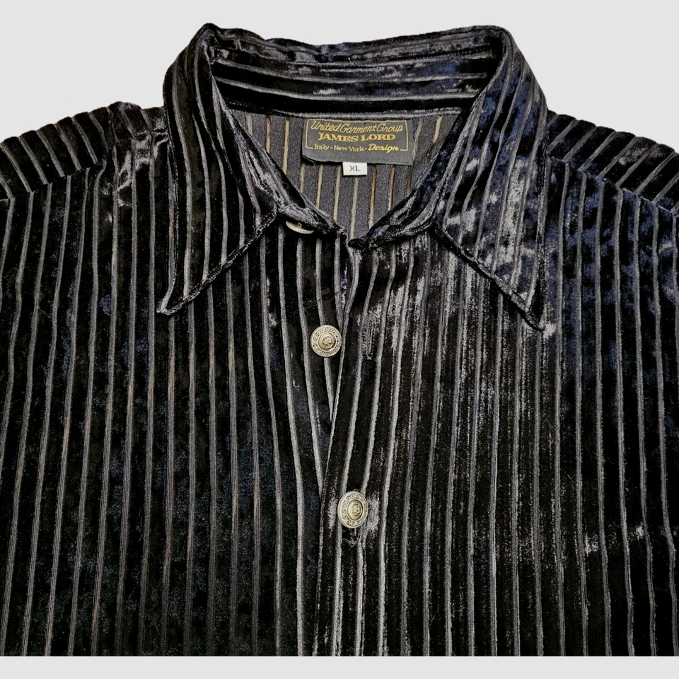 Винтажная рубашка 70-х United Garment Group James Lord Black Velvet Burnout в полоску размер XL - Изображение 2 из 4