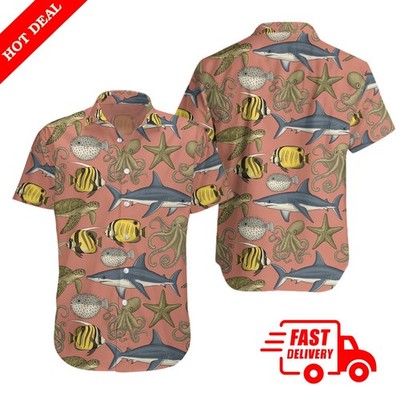 Mens Shark Octopus Sea Turtle Hawaiian Shirt Peach Short Sleeve Beach Button Dow