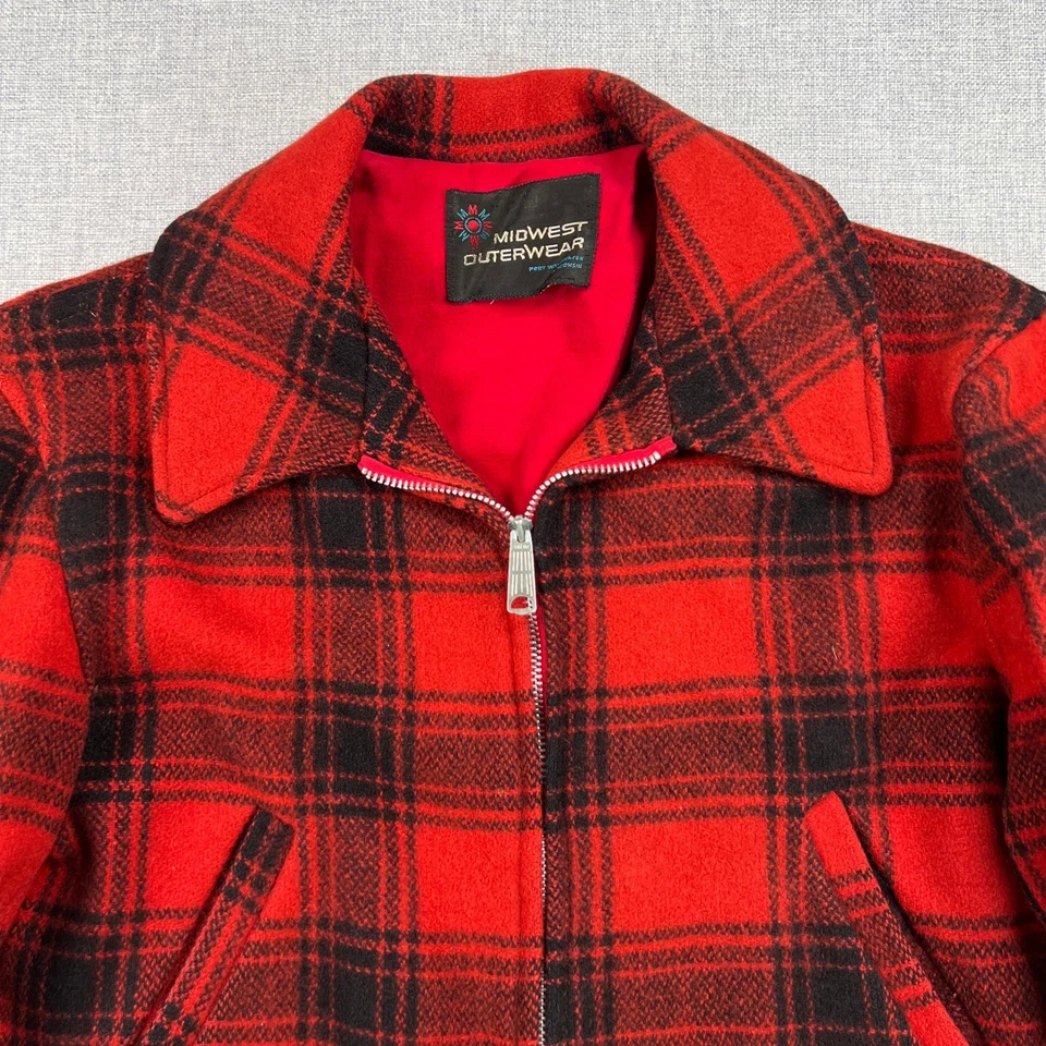 Vintage 70s Wool Mackinaw Cruiser Chore Coat Jacket Men M Red Buffalo Plaid USA - Image 2 of 4