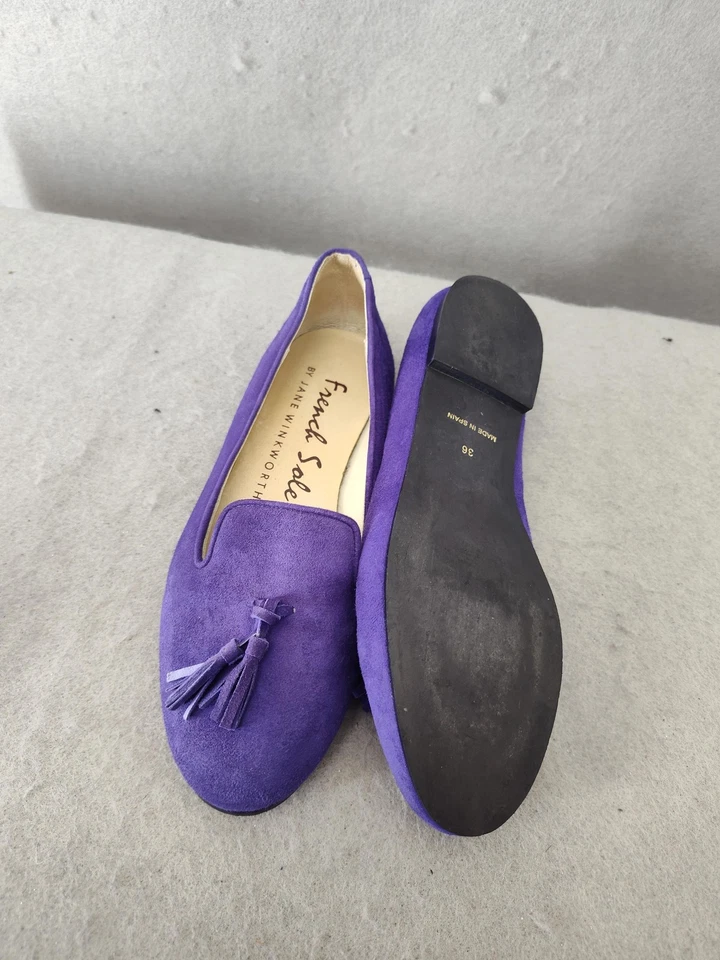 法国鞋底女式乐福鞋 36 紫色麂皮绒流苏懒人平底西班牙鞋 US5 — 第 4/4 张图片