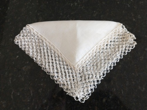 Vintage Unused NOS Linen Wedding Hankie 2" Hand Crocheted Border Handkerchief - Picture 8 of 8