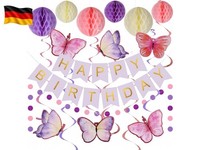 Geburtstagsdeko, Lila Happy Birthday Banner Mit Wabenball, Schmetterlinge