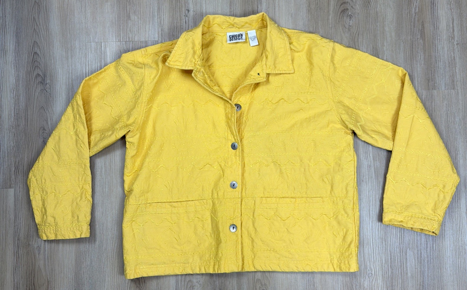 Chico’s Design Yellow Embroidered Denim Style Jacket Size 2 Large